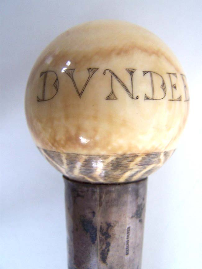 A 19th century Malacca Walking Stick with Silver Collar and ANTIQUE Scrimshawed Ivory Knob with the name 'Dundee'. — image 2